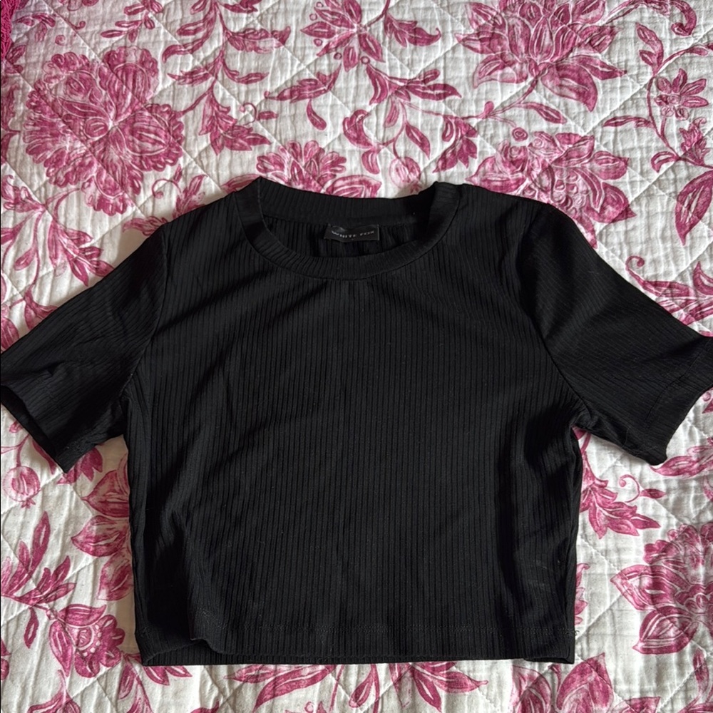 White Fox Black Ribbed Crop Top